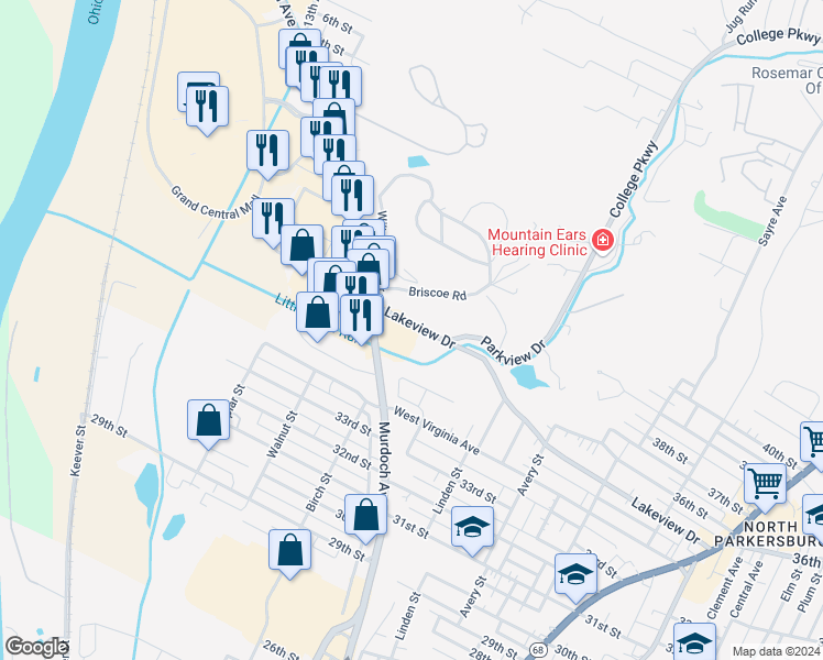 map of restaurants, bars, coffee shops, grocery stores, and more near 704 Lakeview Drive in Parkersburg