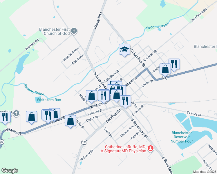map of restaurants, bars, coffee shops, grocery stores, and more near 201 North Broadway Street in Blanchester