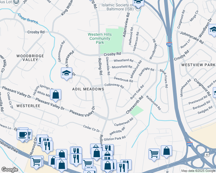 map of restaurants, bars, coffee shops, grocery stores, and more near 6215 Collinsway Road in Catonsville