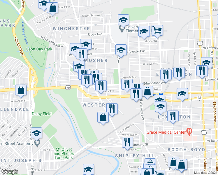 map of restaurants, bars, coffee shops, grocery stores, and more near 2659 Edmondson Avenue in Baltimore
