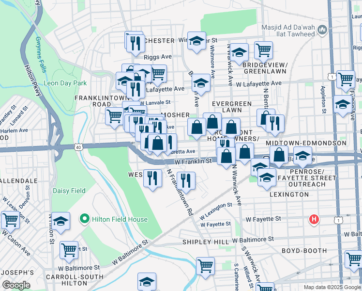 map of restaurants, bars, coffee shops, grocery stores, and more near 2659 Edmondson Avenue in Baltimore