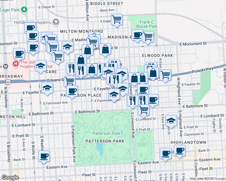 map of restaurants, bars, coffee shops, grocery stores, and more near 151 North Lakewood Avenue in Baltimore