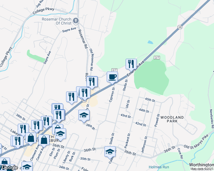 map of restaurants, bars, coffee shops, grocery stores, and more near 4541 West Virginia 68 in Parkersburg