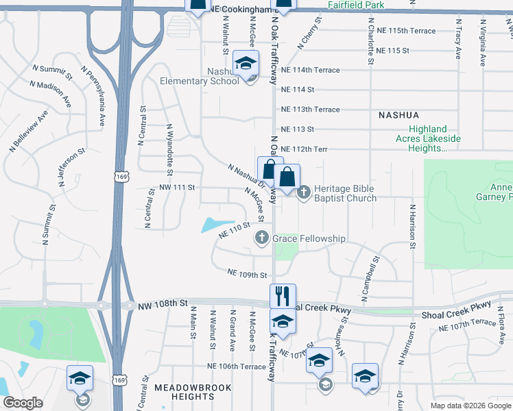 map of restaurants, bars, coffee shops, grocery stores, and more near 11008 North McGee Street in Kansas City