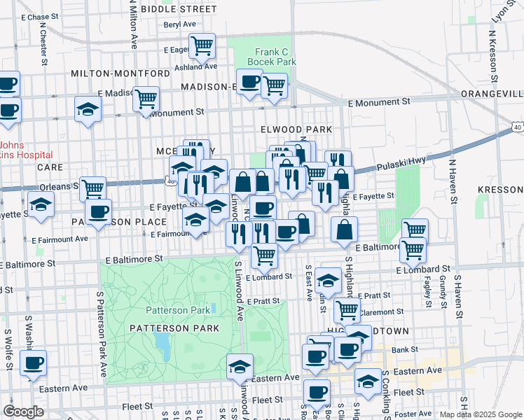 map of restaurants, bars, coffee shops, grocery stores, and more near 149 North Potomac Street in Baltimore