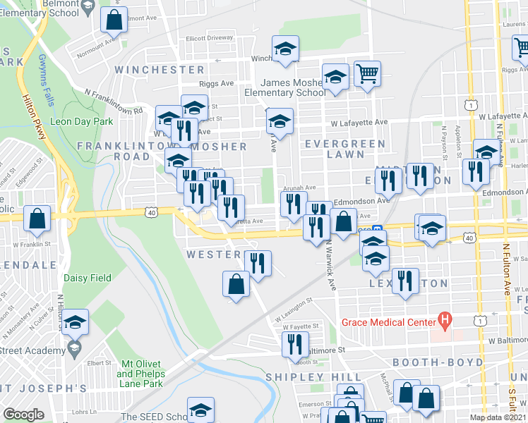 map of restaurants, bars, coffee shops, grocery stores, and more near 2625 Edmondson Avenue in Baltimore