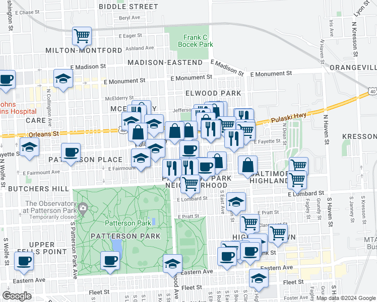 map of restaurants, bars, coffee shops, grocery stores, and more near 149 North Potomac Street in Baltimore