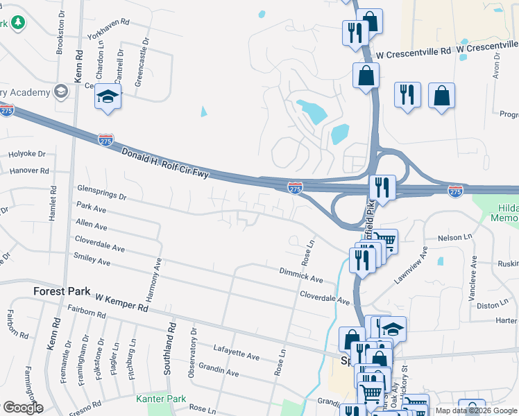 map of restaurants, bars, coffee shops, grocery stores, and more near 4 Boxwood Court in Cincinnati