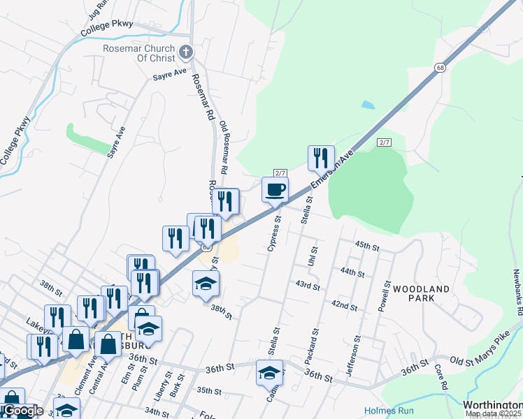 map of restaurants, bars, coffee shops, grocery stores, and more near 4541 West Virginia 68 in Parkersburg