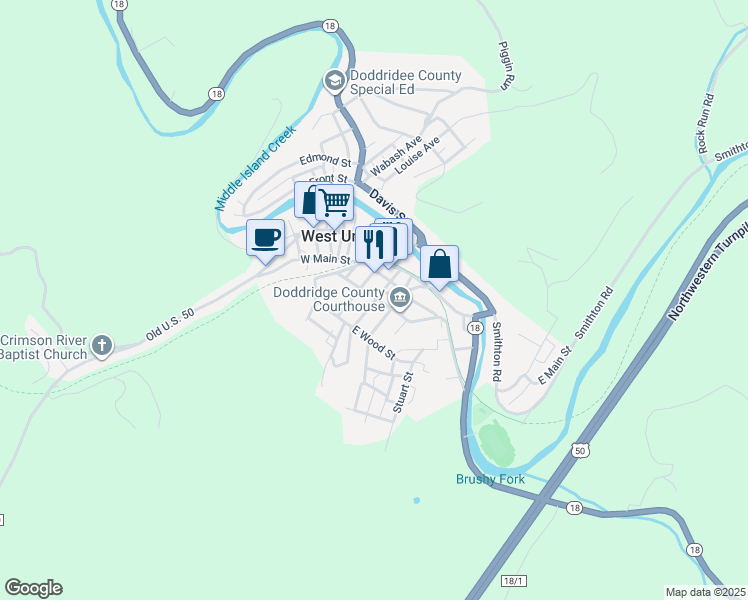 map of restaurants, bars, coffee shops, grocery stores, and more near 300 Court Street in West Union