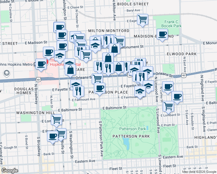 map of restaurants, bars, coffee shops, grocery stores, and more near E Fayette St & N Montford Ave in Baltimore