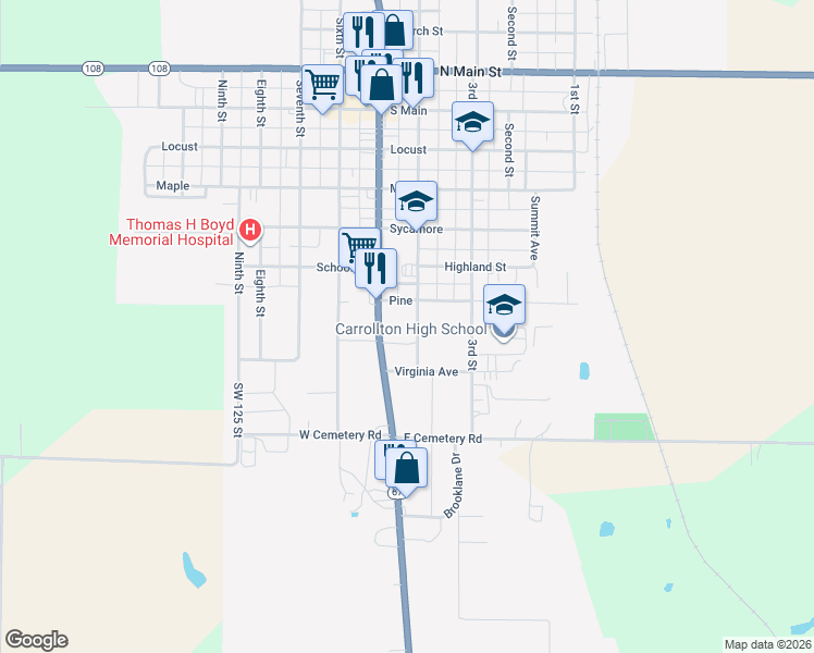 map of restaurants, bars, coffee shops, grocery stores, and more near 901-957 4th Street in Carrollton