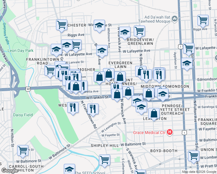 map of restaurants, bars, coffee shops, grocery stores, and more near 2555 Edmondson Avenue in Baltimore