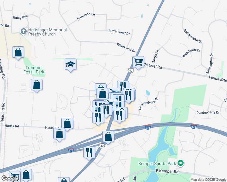 map of restaurants, bars, coffee shops, grocery stores, and more near 12045 Lebanon Road in Sharonville