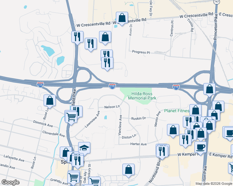 map of restaurants, bars, coffee shops, grocery stores, and more near 11866 Lawnview Avenue in Cincinnati