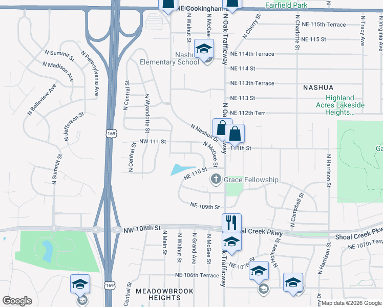 map of restaurants, bars, coffee shops, grocery stores, and more near 111 Northeast 110th Terrace in Kansas City