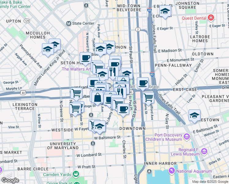 map of restaurants, bars, coffee shops, grocery stores, and more near 408 North Charles Street in Baltimore