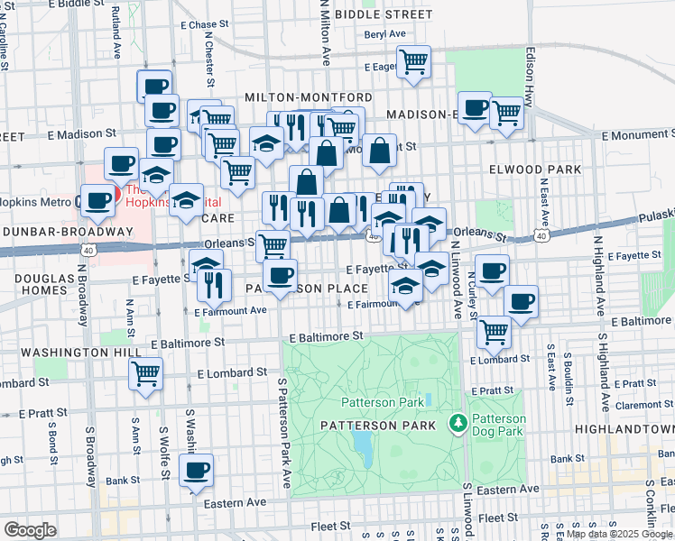 map of restaurants, bars, coffee shops, grocery stores, and more near E Fayette St & N Milton Ave in Baltimore