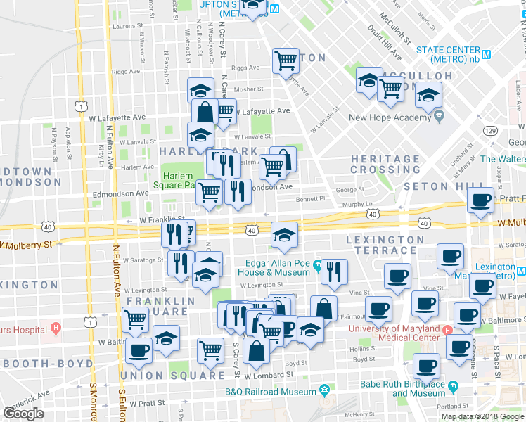 map of restaurants, bars, coffee shops, grocery stores, and more near 1126 West Franklin Street in Baltimore