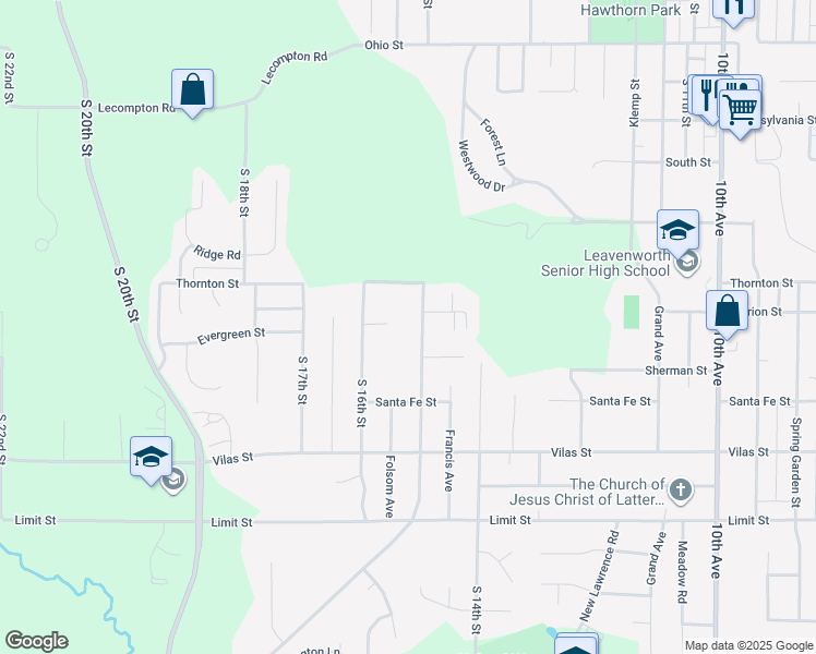 map of restaurants, bars, coffee shops, grocery stores, and more near 2212 South 15th Street in Leavenworth