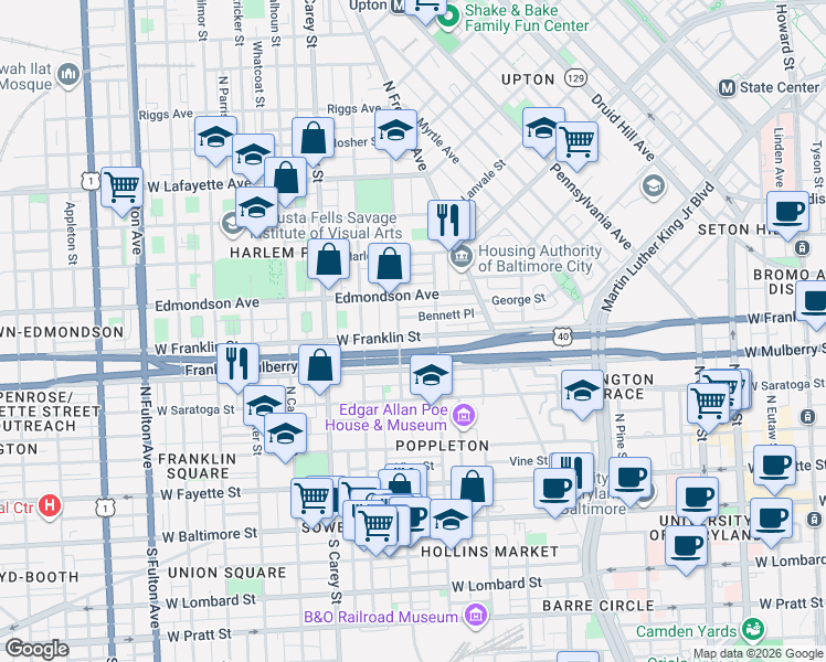 map of restaurants, bars, coffee shops, grocery stores, and more near 1030 West Franklin Street in Baltimore
