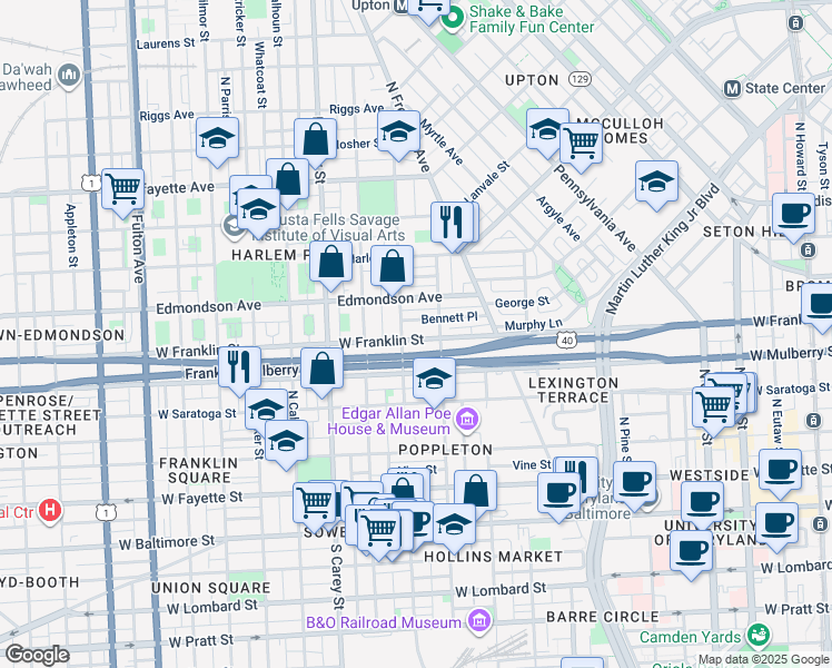 map of restaurants, bars, coffee shops, grocery stores, and more near 1030 West Franklin Street in Baltimore