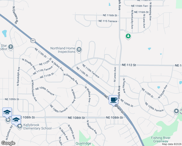 map of restaurants, bars, coffee shops, grocery stores, and more near 8533 Northeast 110th Street in Kansas City