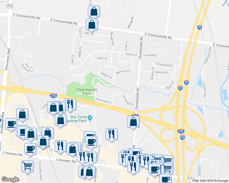 map of restaurants, bars, coffee shops, grocery stores, and more near 1112 Chesterdale Drive in Springdale