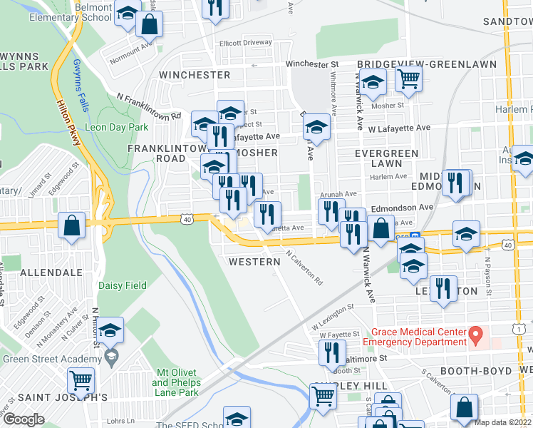 map of restaurants, bars, coffee shops, grocery stores, and more near Edmondson Ave & Glenolden Ave in Baltimore