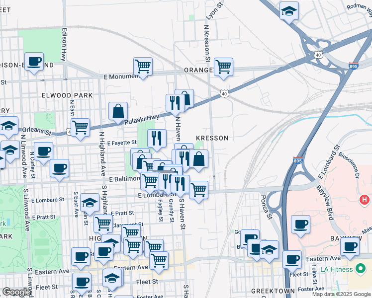 map of restaurants, bars, coffee shops, grocery stores, and more near 101 North Haven Street in Baltimore