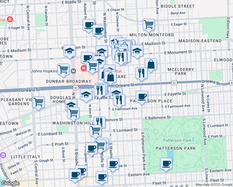 map of restaurants, bars, coffee shops, grocery stores, and more near 205 North Castle Street in Baltimore