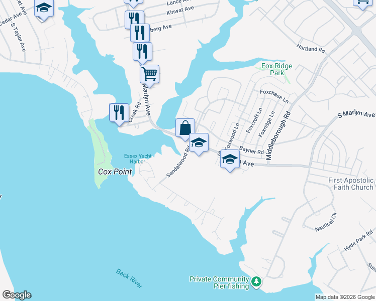 map of restaurants, bars, coffee shops, grocery stores, and more near 900 South Marlyn Avenue in Essex