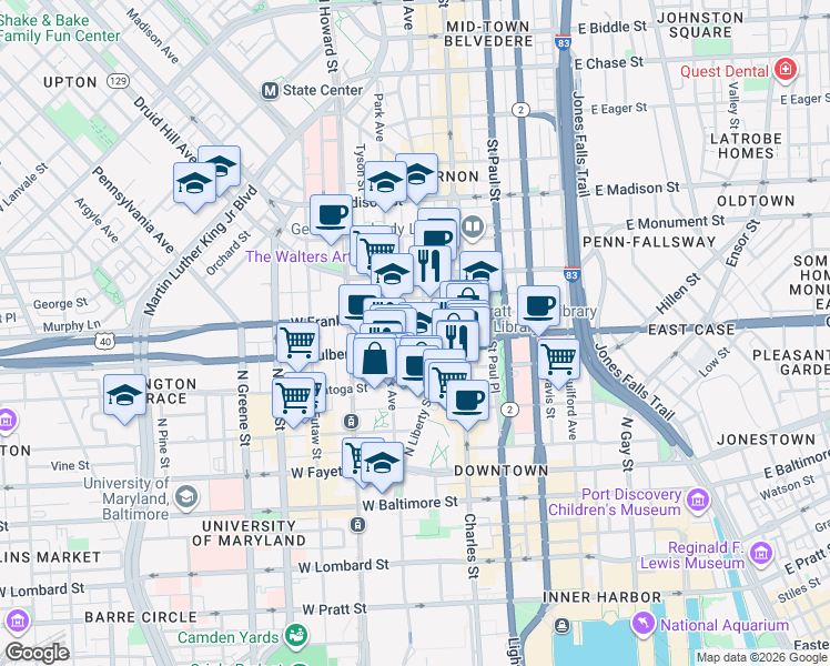 map of restaurants, bars, coffee shops, grocery stores, and more near 400 Cathedral Street in Baltimore