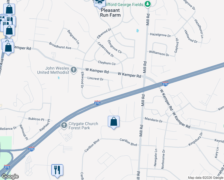 map of restaurants, bars, coffee shops, grocery stores, and more near 11710 Elkwood Drive in Cincinnati