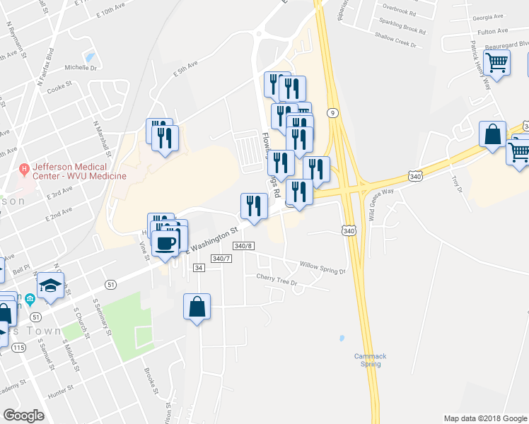 map of restaurants, bars, coffee shops, grocery stores, and more near East Washington Street in Charles Town
