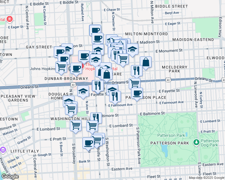 map of restaurants, bars, coffee shops, grocery stores, and more near 207 North Castle Street in Baltimore