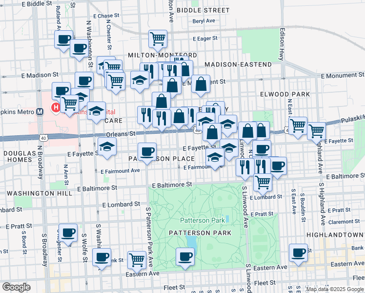 map of restaurants, bars, coffee shops, grocery stores, and more near 2510 East Fayette Street in Baltimore