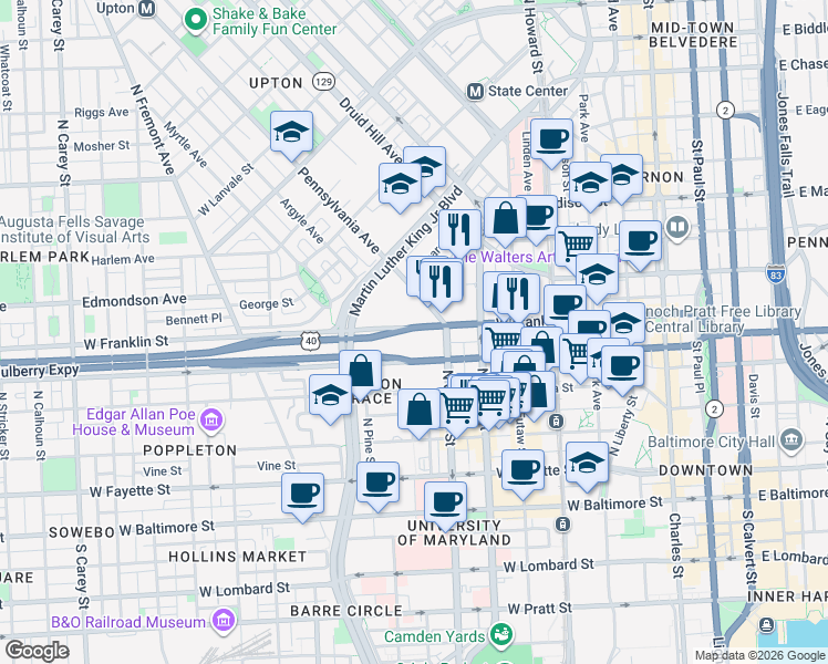map of restaurants, bars, coffee shops, grocery stores, and more near in Baltimore