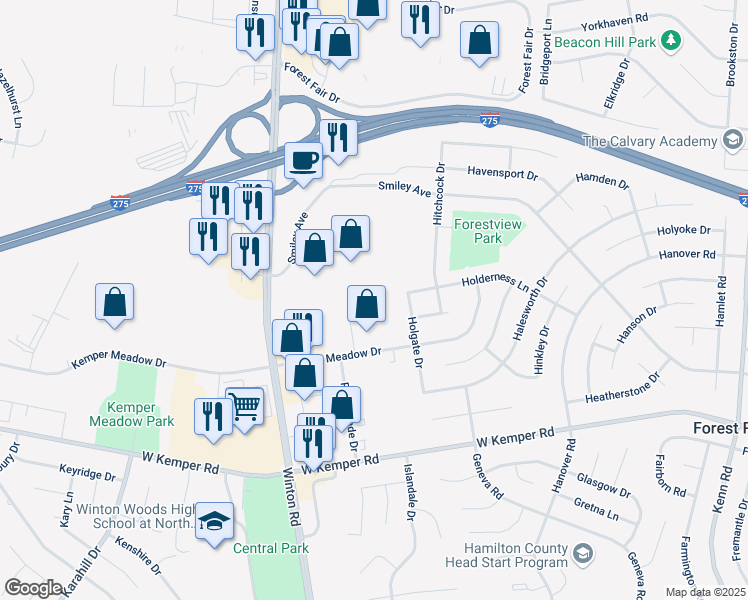 map of restaurants, bars, coffee shops, grocery stores, and more near 11760 Pellston Court in Cincinnati