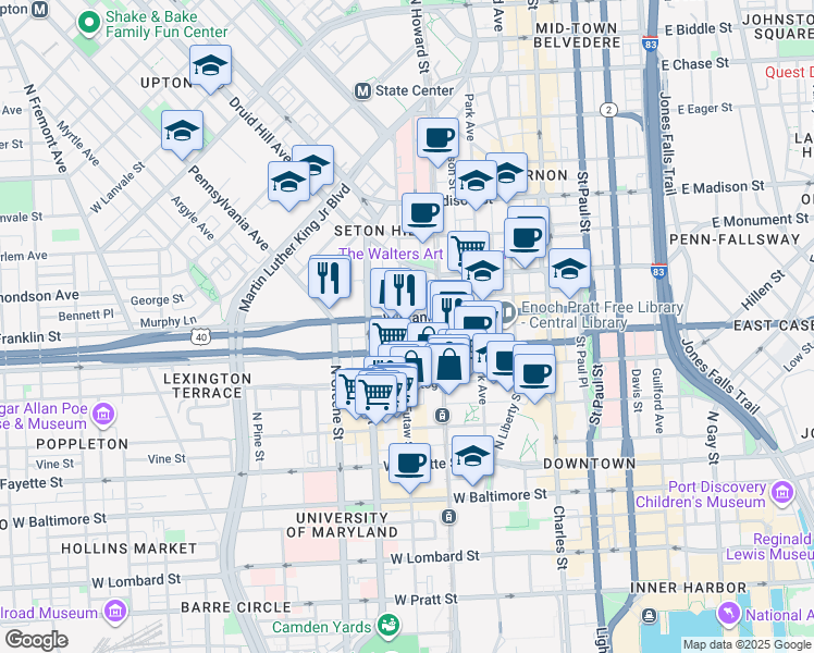map of restaurants, bars, coffee shops, grocery stores, and more near 429 North Eutaw Street in Baltimore