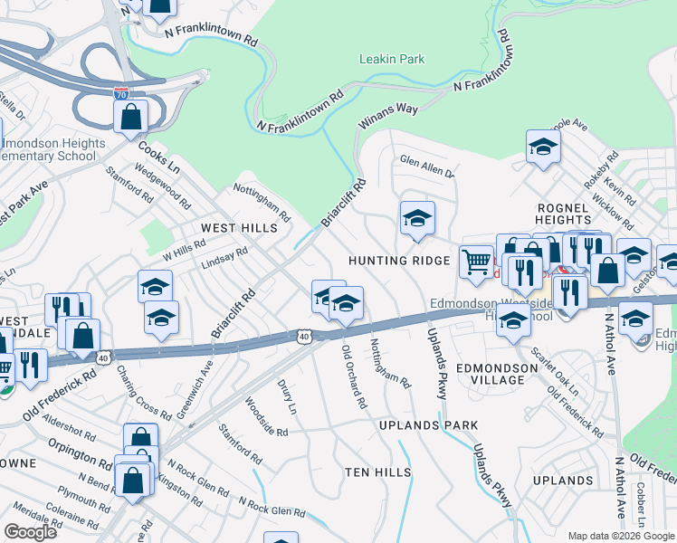 map of restaurants, bars, coffee shops, grocery stores, and more near 707 Nottingham Road in Baltimore