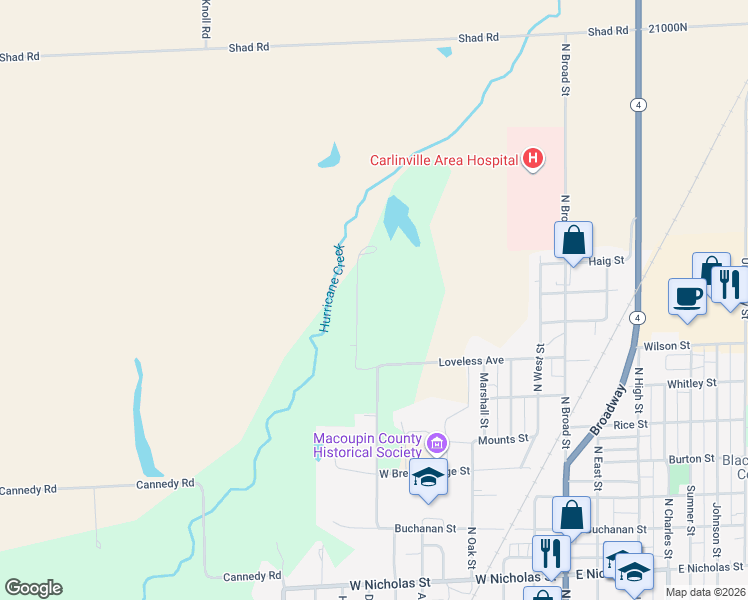 map of restaurants, bars, coffee shops, grocery stores, and more near 884 Loveless Street in Carlinville