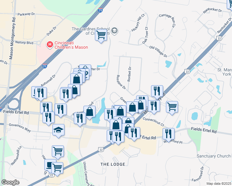 map of restaurants, bars, coffee shops, grocery stores, and more near 9836 Kims Arbor Lane in Cincinnati