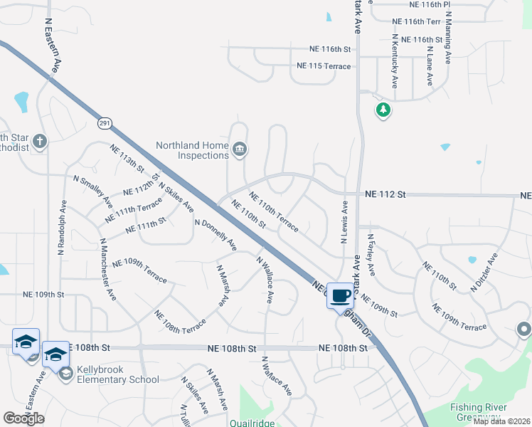 map of restaurants, bars, coffee shops, grocery stores, and more near 8533 Northeast 110th Street in Kansas City