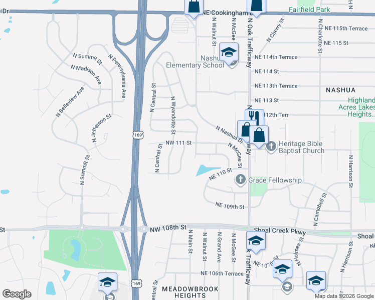 map of restaurants, bars, coffee shops, grocery stores, and more near 11023 North Baltimore Avenue in Kansas City