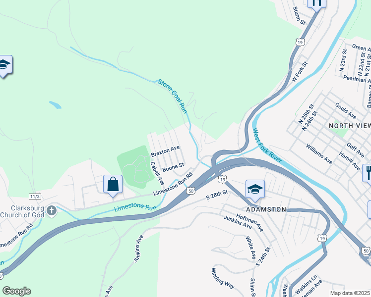map of restaurants, bars, coffee shops, grocery stores, and more near 311 1/2 Roane Avenue in Clarksburg