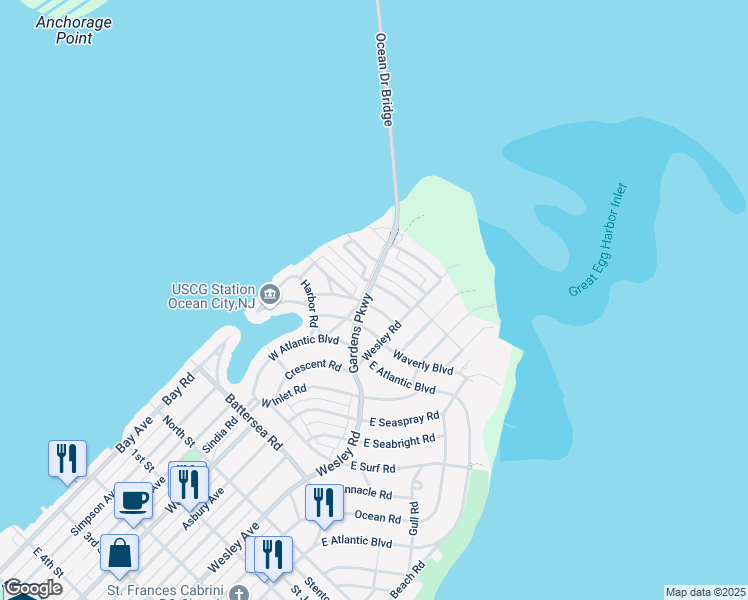 map of restaurants, bars, coffee shops, grocery stores, and more near 901 Gardens Parkway in Ocean City