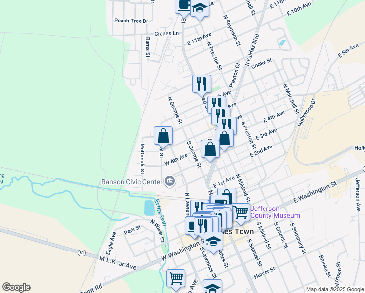 map of restaurants, bars, coffee shops, grocery stores, and more near 203 West 5th Avenue in Ranson