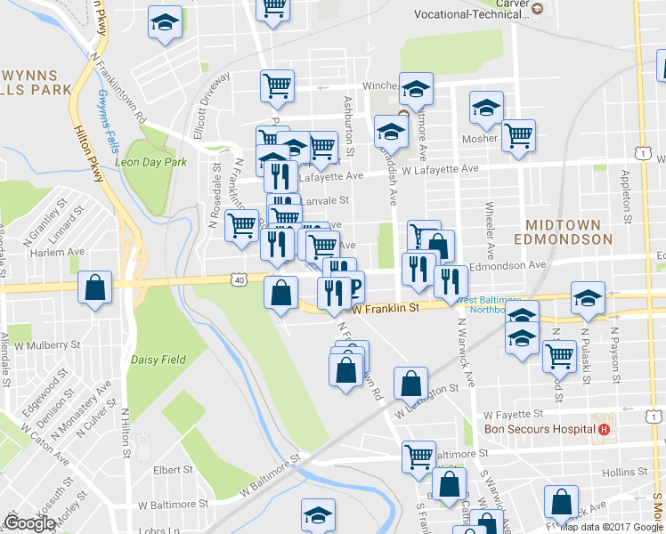 map of restaurants, bars, coffee shops, grocery stores, and more near 2730 Edmondson Avenue in Baltimore