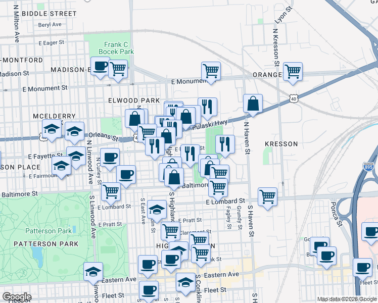 map of restaurants, bars, coffee shops, grocery stores, and more near 3529 East Fayette Street in Baltimore